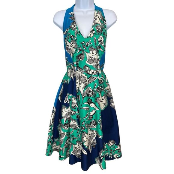 Eva Franco Multicolored Halter Neck Open-Back Lined Fit & Flare Dress Sz 4 - Picture 1 of 12